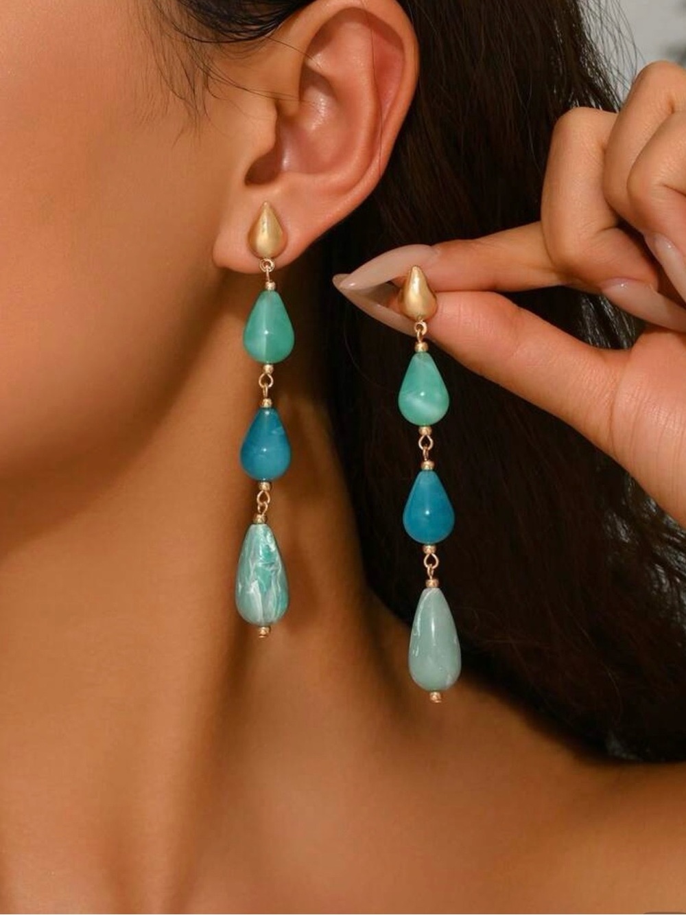 Gold and Teal Gradient Teardrop Dangle Earrings - Women Jewelry
